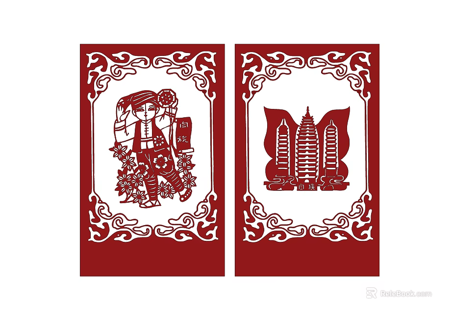 Red Paper Cut Wall Decor Featuring Figure And Buildings With Floral Borders 3d model 