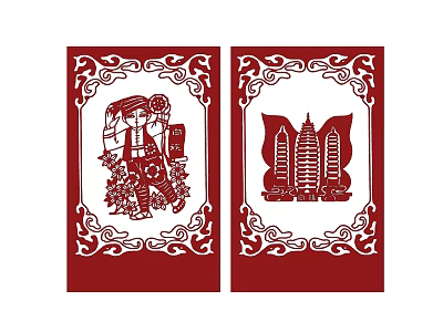 Red Paper Cut Wall Decor Featuring Figure And Buildings With Floral Borders 3d model