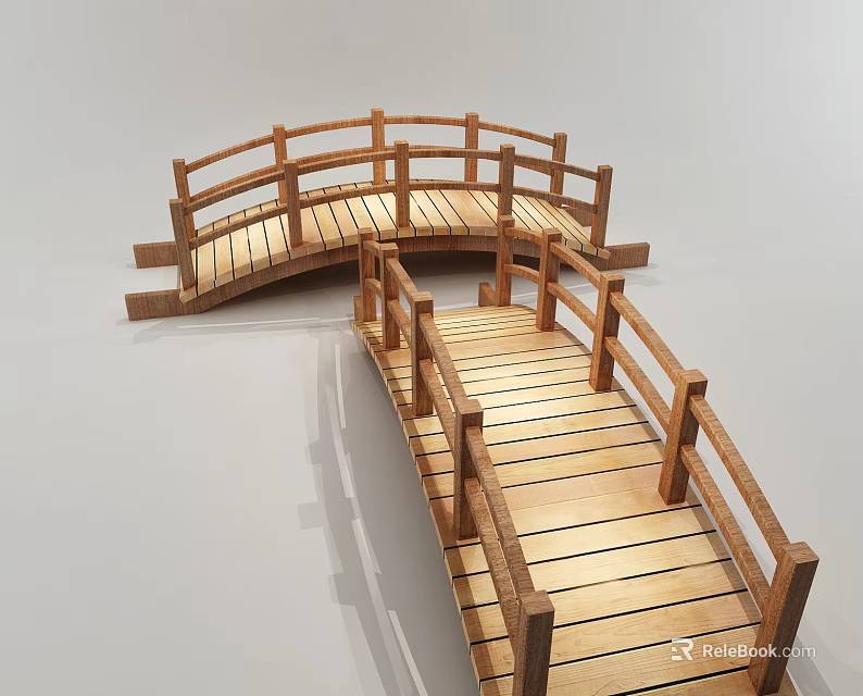 Wooden Arch Bridge Design With Railings And Connected Plank Deck Structure 3d model 