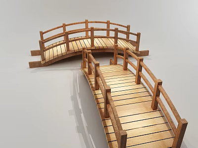 Wooden Arch Bridge Design With Railings And Connected Plank Deck Structure 3d model