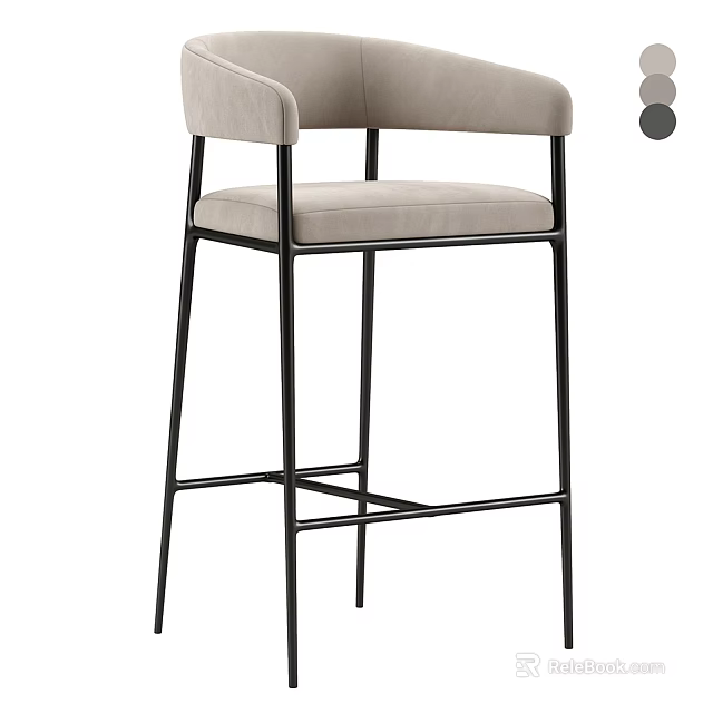Modern Upholstered Bar Stool With Beige Backrest And Black Metal Legs 3d model 