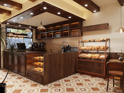 Cozy Pastry Shop Interior With Wooden Counter And Baked Goods 3d model