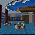 Stylish Bar Interior Design With Blue Wavy Ceiling Decorative Columns Round Tables And Cozy Chairs