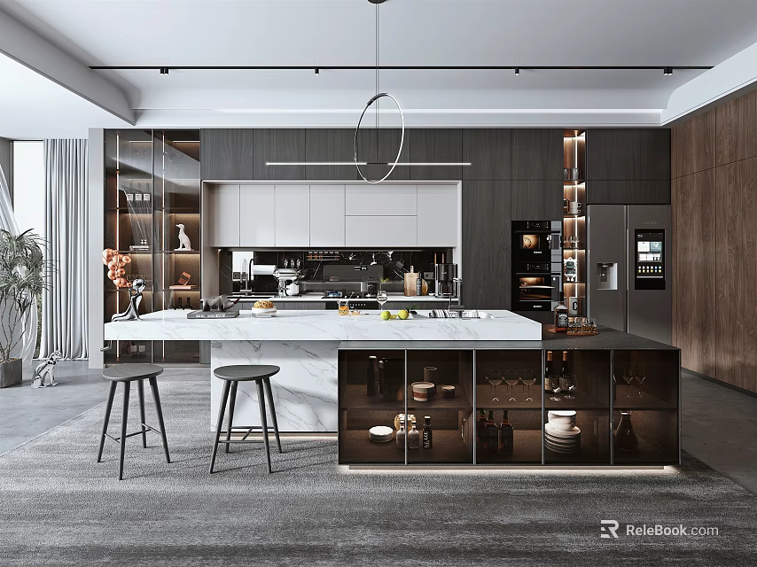Modern Kitchen Interior Design With White Island Counter Cabinets And Pendant Light 3d model 