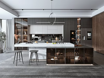 Modern Kitchen Interior Design With White Island Counter Cabinets And Pendant Light 3d model