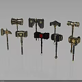 Different Styles Of Ornate Metallic Hammer Designs With Detailed Decorative Handles And Intricate Details