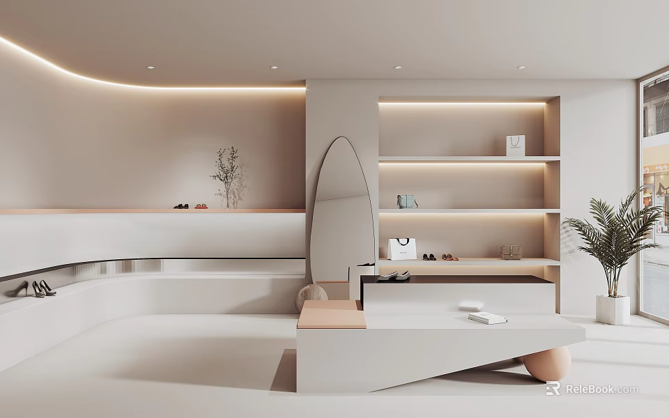 Modern Minimalist White Boutique Interior Featuring Curved Design Shelves Mirror and Green Plant 3d model 