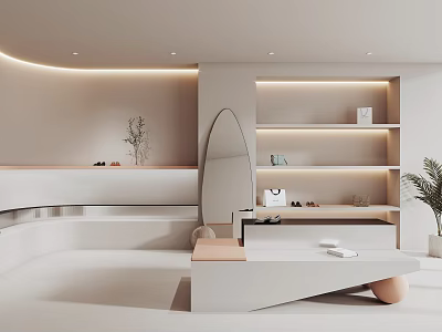 Modern Minimalist White Boutique Interior Featuring Curved Design Shelves Mirror and Green Plant 3d model