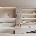Modern Minimalist White Boutique Interior Featuring Curved Design Shelves Mirror and Green Plant
