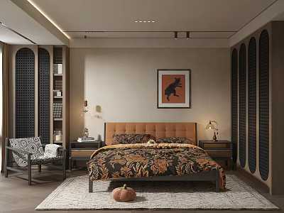 Modern Bedroom Interior With Floral Bedspread Nightstands Table Lamps And Animal Wall Art 3d model