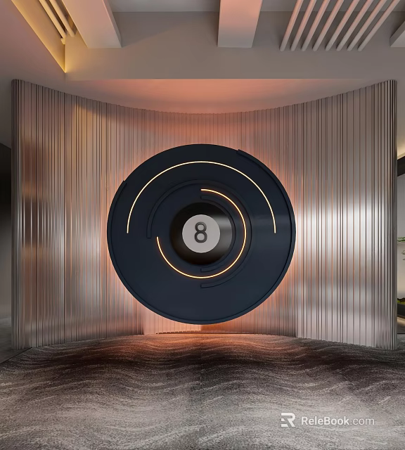 Sleek Accent Wall Featuring Metallic Vertical Slats Circular Design With Number 8 And LED Lights 3d model 