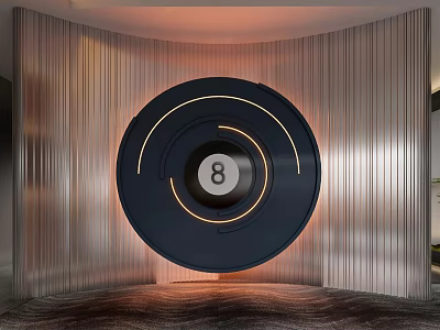 Sleek Accent Wall Featuring Metallic Vertical Slats Circular Design With Number 8 And LED Lights 3d model