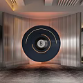 Sleek Accent Wall Featuring Metallic Vertical Slats Circular Design With Number 8 And LED Lights