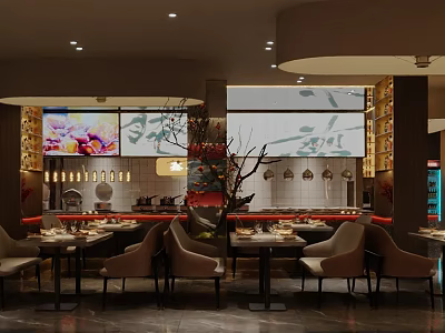 Elegant Restaurant Interior With Dining Tables Chairs Wall Art Decorative Plants And Pendant Lights 3d model