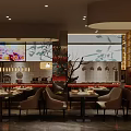 Elegant Restaurant Interior With Dining Tables Chairs Wall Art Decorative Plants And Pendant Lights