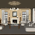 Elegant Living Room Interior With Beige Sofa Armchairs Fireplace Chandelier And Large Windows