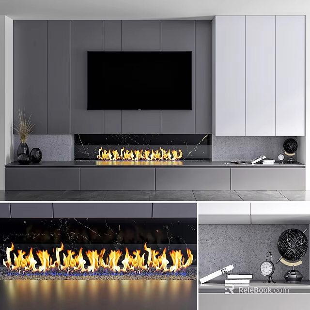 Modern TV Wall Design Featuring Gray Cabinets And Fireplace Flames 3d model