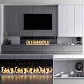 Modern TV Wall Design Featuring Gray Cabinets And Fireplace Flames 3d model