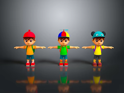 Cartoon Characters With Different Hats And Colorful Outfits Standing On Grey Background With Reflections 3d model