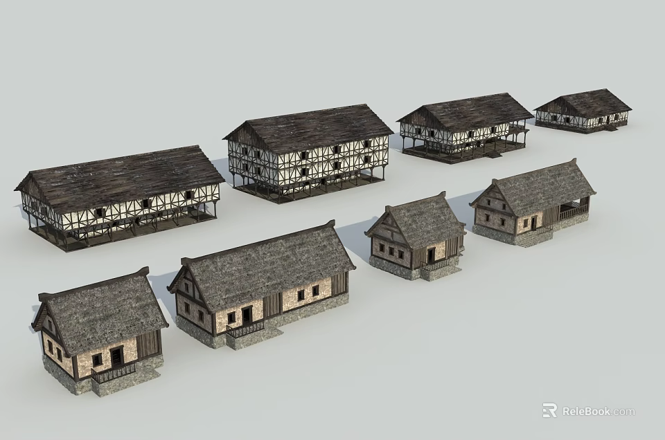 Traditional Wooden Houses With Various Sizes And Dark Rooftop Designs 3d model 