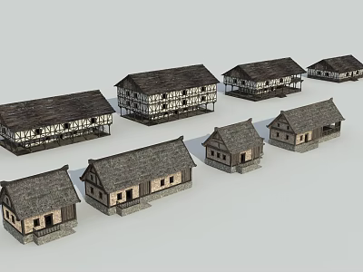 Traditional Wooden Houses With Various Sizes And Dark Rooftop Designs 3d model