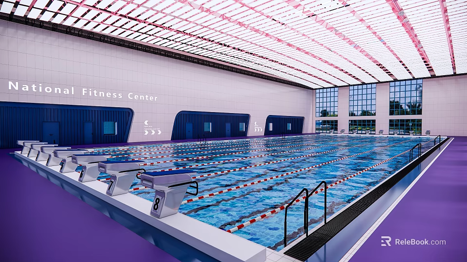 Indoor Swimming Pool at Fitness Center with Swimming Lanes Starting Blocks and Bright Lighting 3d model 