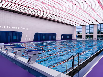 Indoor Swimming Pool at Fitness Center with Swimming Lanes Starting Blocks and Bright Lighting 3d model