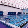 Indoor Swimming Pool at Fitness Center with Swimming Lanes Starting Blocks and Bright Lighting