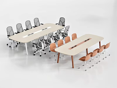 Rectangular Modern Conference Tables With Light Wooden Tops And Ergonomic Rolling Office Chairs 3d model