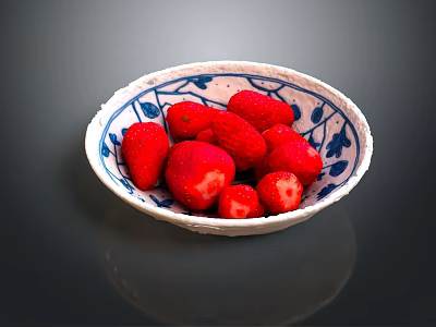 Fresh Ripe Plump Strawberries Served in Blue and White Patterned Bowl on Dark Background 3d model