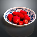 Fresh Ripe Plump Strawberries Served in Blue and White Patterned Bowl on Dark Background