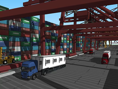 Container Architecture In Logistics Port With Stacked Containers Cranes And Trucks 3d model