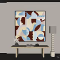 Abstract Geometric Painting On Wall With Console Table Open Book Camera And Floor Lamp 3d model