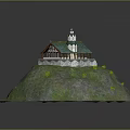 3D Island Model With Green Grass Pond And White Tower Building Scene