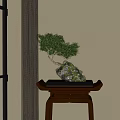 Bonsai Plant With Curved Trunk Green Foliage On Wooden Table Indoor Setting