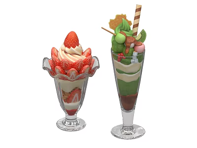 Strawberry And Matcha Ice Cream Cups With Whipped Cream Fresh Fruits And Decorations 3d model