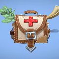 Brown Leather Medical Kit With Red Cross Symbol Scroll Small Bottles And Green Herbs