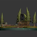 3D Model Bridge Scene With Pine Trees Green Water And Small Island Landscape