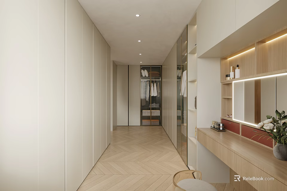Modern Bedroom Interior With Built in Wardrobe Herringbone Floor Vanity Mirror And Lighting Strips 3d model 