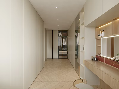 Modern Bedroom Interior With Built in Wardrobe Herringbone Floor Vanity Mirror And Lighting Strips 3d model