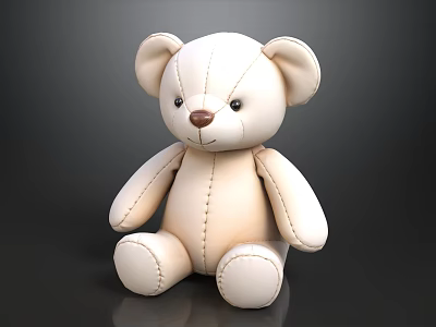 White Teddy Bear Doll Sitting On Black Background With Stitched Details And Simple Design 3d model