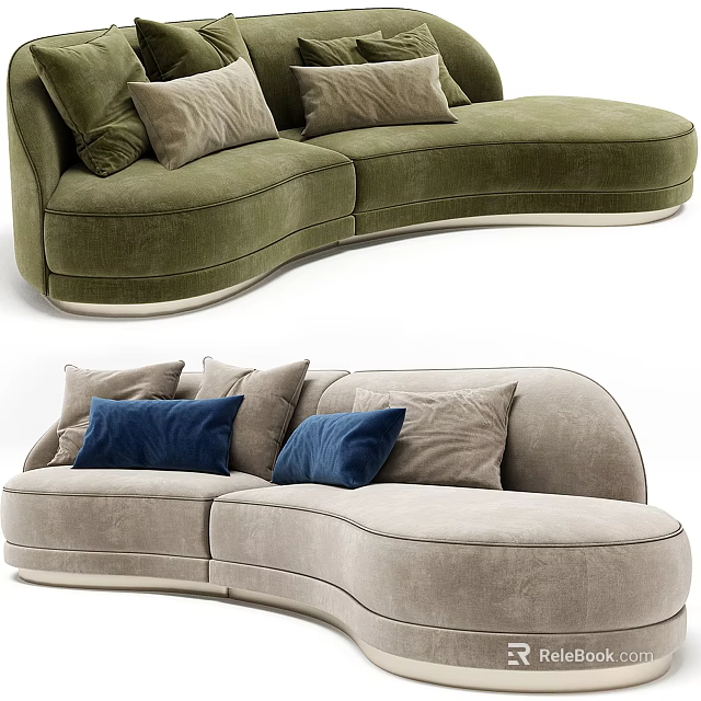 Curved Sectional Sofa In Green Velvet With Soft Pillows And Modern Design 3d model 