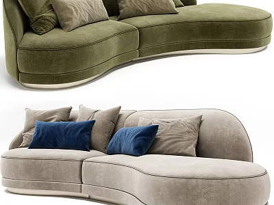 Curved Sectional Sofa In Green Velvet With Soft Pillows And Modern Design 3d model