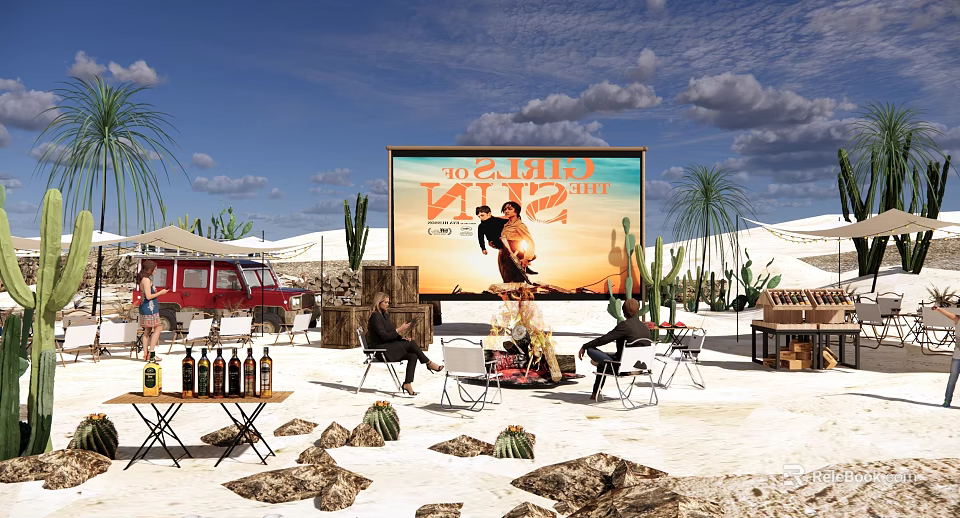 Desert Camping Site With Outdoor Movie Screen Cacti And Seating Area 3d model 