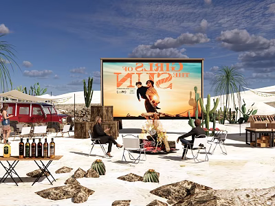 Desert Camping Site With Outdoor Movie Screen Cacti And Seating Area 3d model