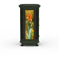 Decorative Green Side Table Featuring Ornate Carvings and Stained Glass Panel
