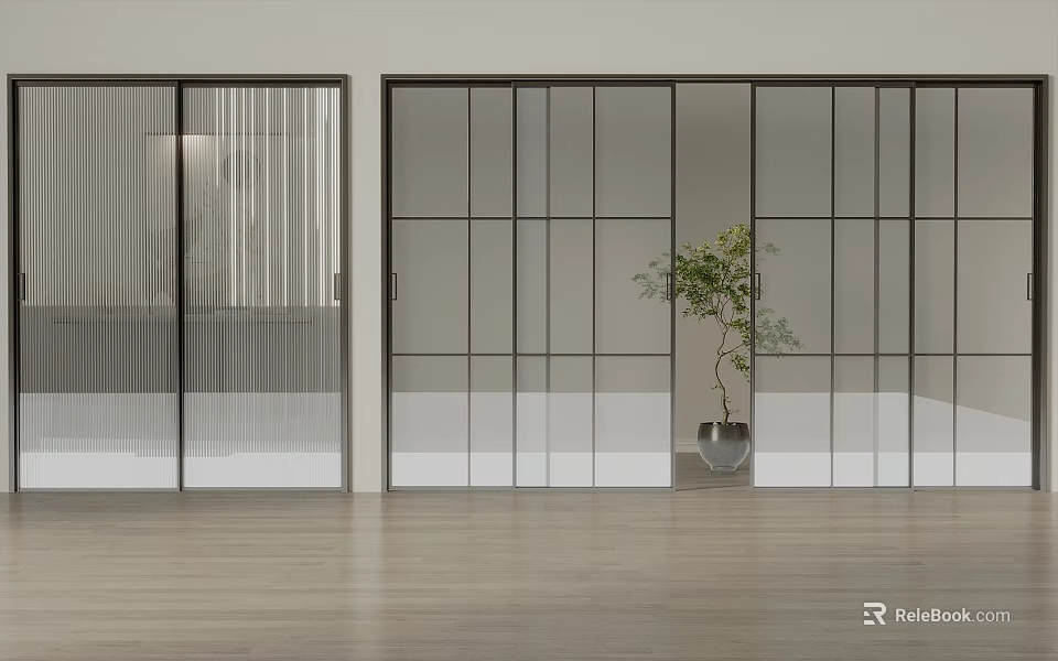 Modern Sliding Doors With Black Frame Glass Panels And Green Plant In Wooden Floor Space 3d model 