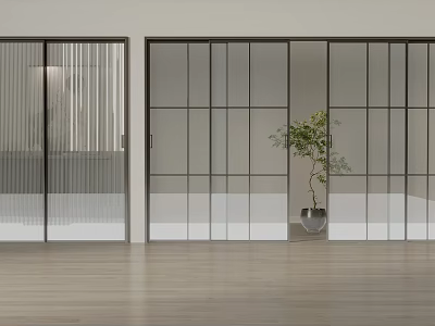 Modern Sliding Doors With Black Frame Glass Panels And Green Plant In Wooden Floor Space 3d model
