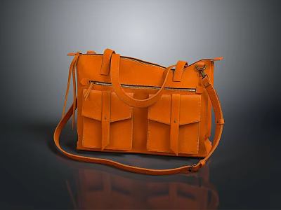 Stylish Orange Leather Shoulder Bag With Multiple Pockets And Adjustable Strap 3d model