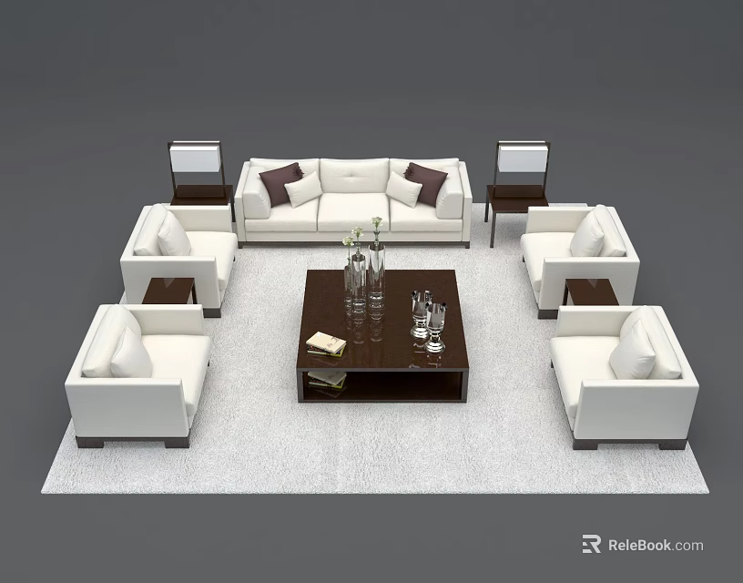Modern White Sofa Coffee Table Set With Dark Table And Area Rug 3d model